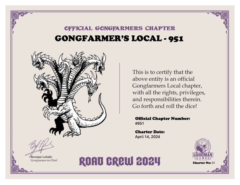 Official Gongfarmers Chapter certificate for Gongfarmer's Local - 951